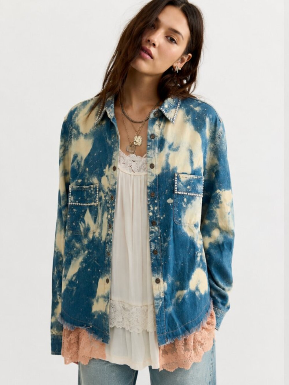 A RARE BIRD BLEACH OUT PATCH BACK RHINESTONE TRIM DENIM SHIRT - Picture 3 of 12